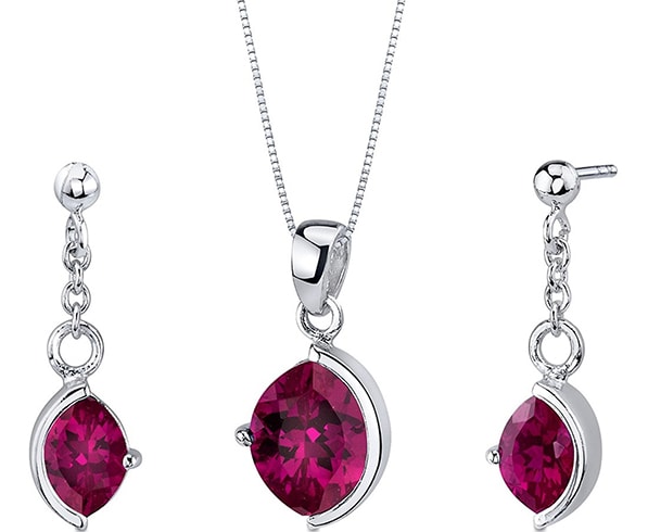 Ruby Pendant Earrings And Necklace In Sterling Silver