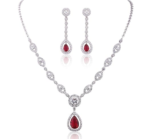 Silver Plated Base Ruby Color Red Jewelry Set