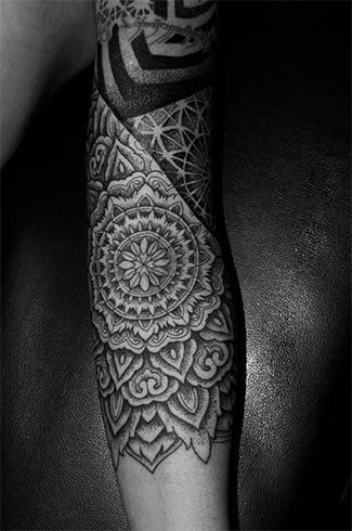 Tattoo tagged with: geometric shape, snowflake, dotwork, arm, black, big,  dot, ingahannarr, nature, blackwork, tatuaje, tatuajes, sleeve, geometric |  inked-app.com