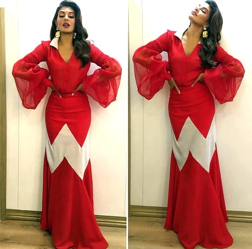 Jacqueline Fernandez in red Avaro Figlio dress