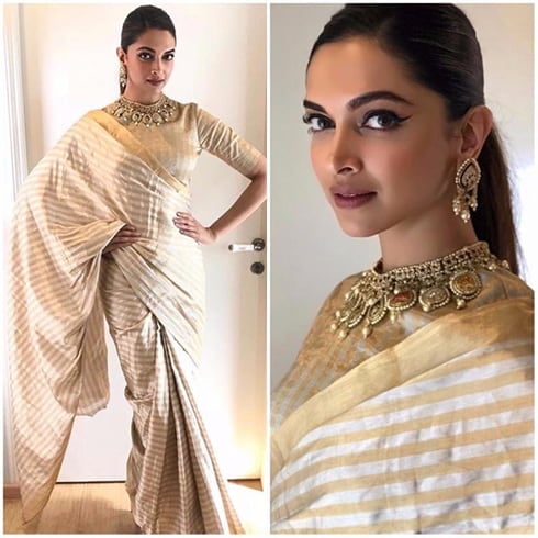 Deepika Padukone Golden beige saree