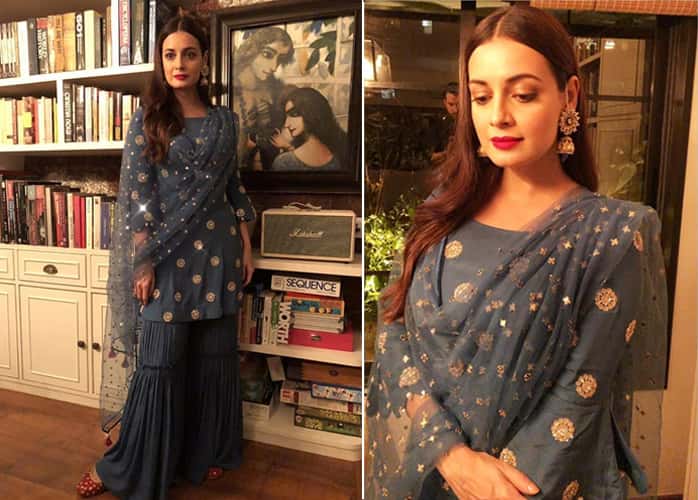 Dia Mirza in stone gray sharara suit