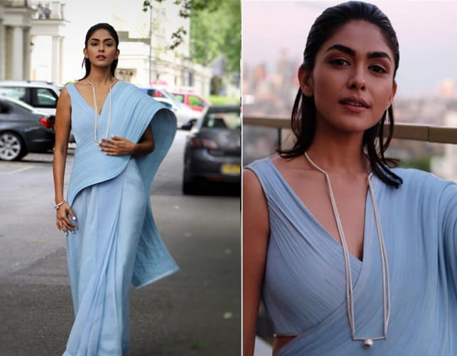 Mrunal Thakur in pastel-toned sari