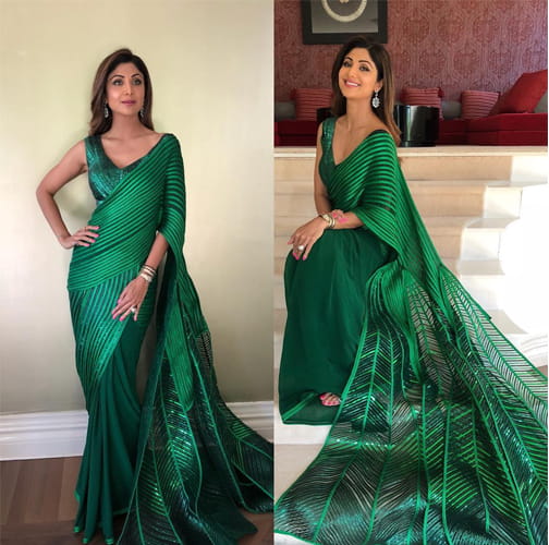 Shilpa Shetty Fashion in green saree
