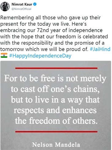 Nimrat kaur Independence Day Wishes