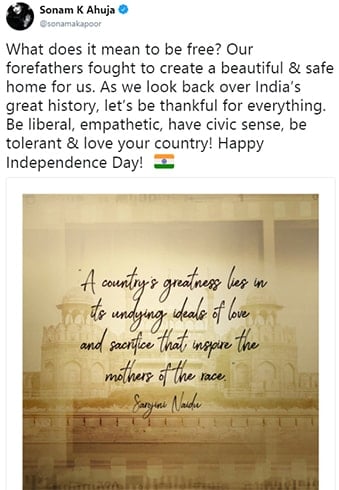 Sonam Kapoor Independence Day Wishes
