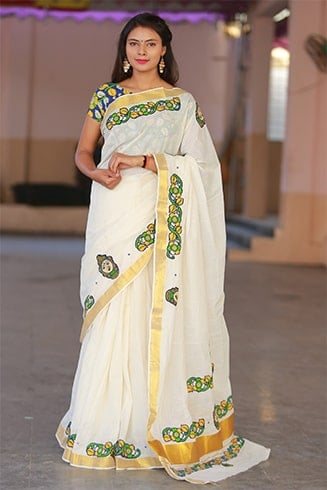 Kalamkari Applique On Kerala Cotton Saree