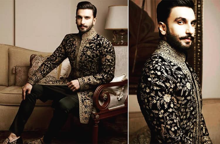 Ranveer Singh looked dapper in a Rohit Bal outfit, a black sherwani with  golden embroidery #deepikapadukone #ranveersi…