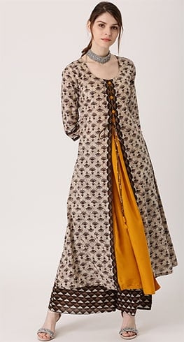 Beige and Mustard Yellow Layered Kurta