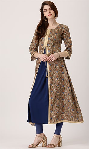 Brown and Grey Printed Layered Kurta