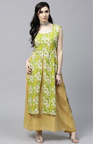 Green and Yellow printed A-Line Kurta