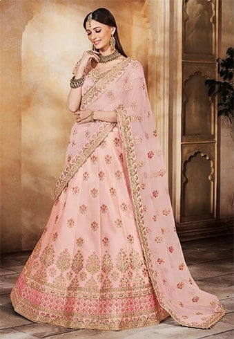 Embroidered Satin Lehenga in Light Peach