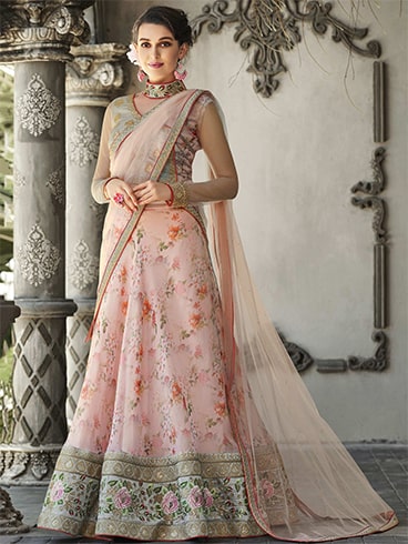 Peach Organza Silk Digital Floral Printed Lehenga Choli