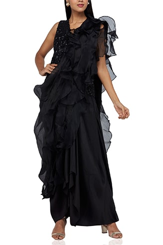 Black Ruffled Drape Saree