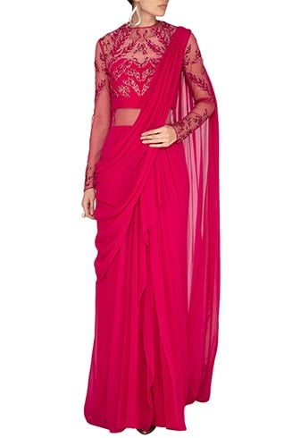 Fuschia Embroidered Saree Gown