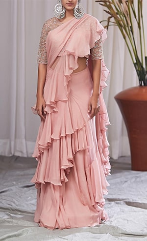 Pink Chiffon Ruffle Saree