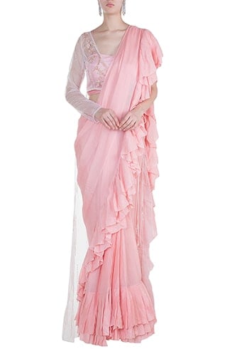 Pink Embroidered Ruffled Saree