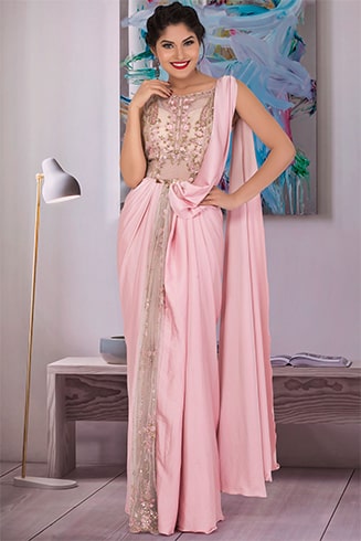 Pink Resham Embroidered Silk Readymade Saree