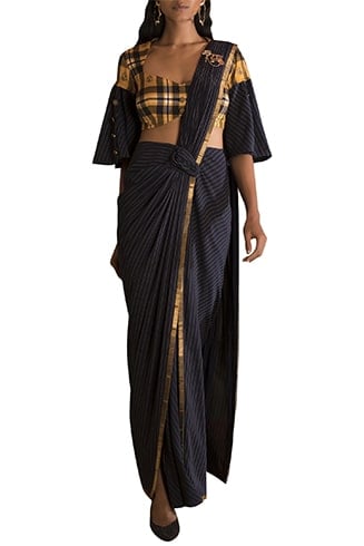 Pre-stiched Striped Blue Saree