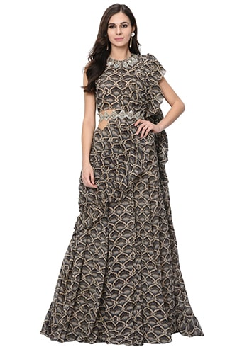 Printed Ruffle Saree Set With Belt