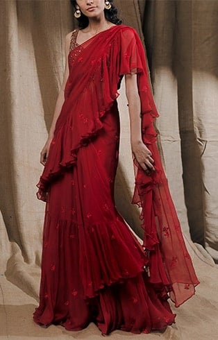 Red Ruffle Drape Saree