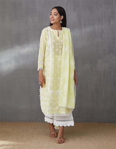 Yellow Snowdrop Kurta With Scallop Pants