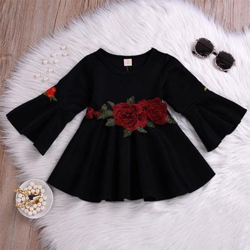 Beautiful Black Rose Print Full Sleeve Knee Length Dress