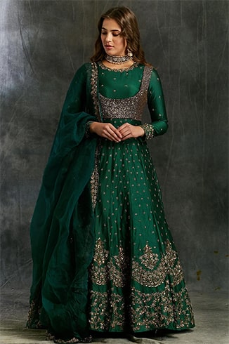 Dark Green Emerald Anarkali with Black Koti