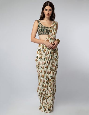 Emerald Embroidered Choli with Floral Printed Saree