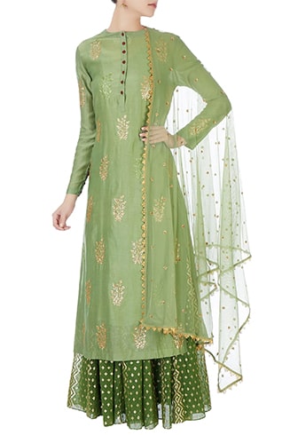 Green Sequined Kurta with Skirt and Net Dupatta