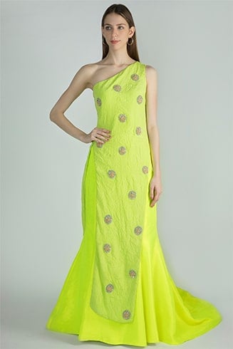 One-Shoulder Asymmetric Embroidered Top and Neon Lehenga