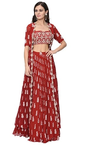Red Printed Embroidered Cape with Bustier and Skirt