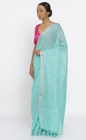 Blue Pure Linen Saree With Silver Border