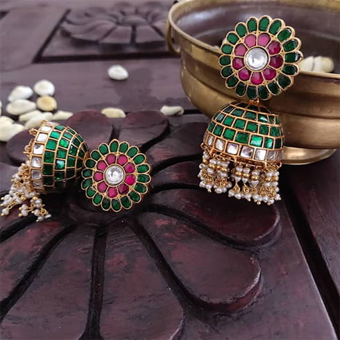 Green Stonework Jhumkas