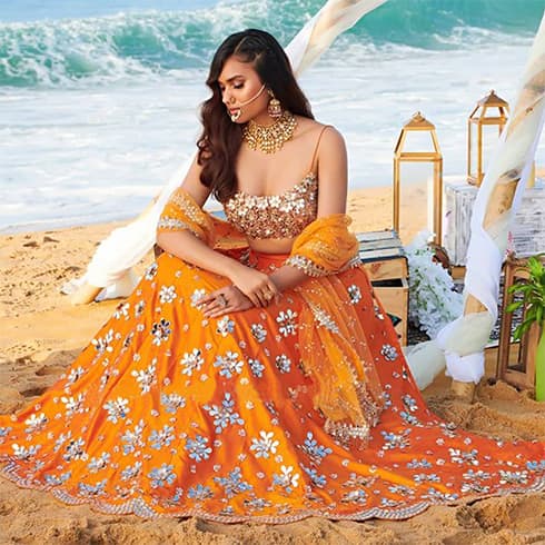 Orange mirror work lehenga