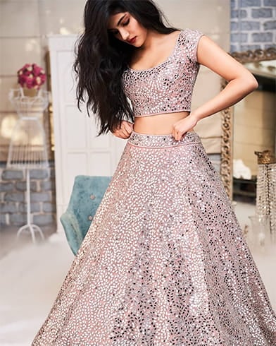 Pink lehenga with silver mirror work