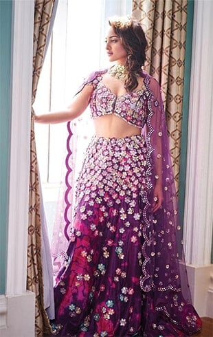 Purple mirror work lehengas