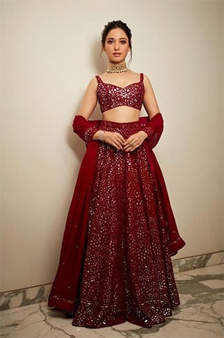 Red mirror work lehenga