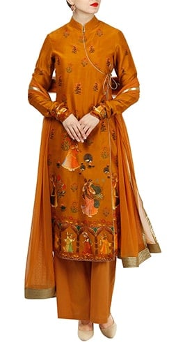 Mustard Printed Angarakha Kurta Set