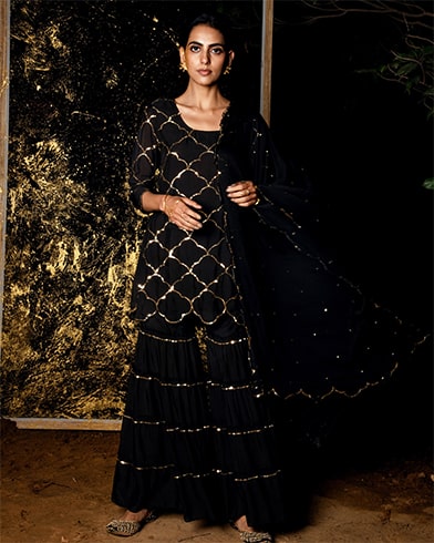 Black Tiered Kurta Sharara Set