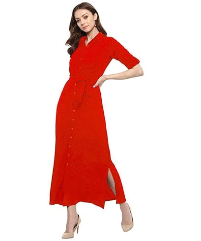 red button-down maxi shirt dress