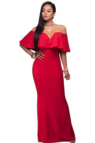 red off-shoulder ruffle dress
