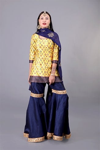 Yellow and Navy Printed Sharara Set