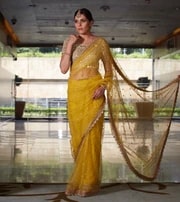 mustard net saree