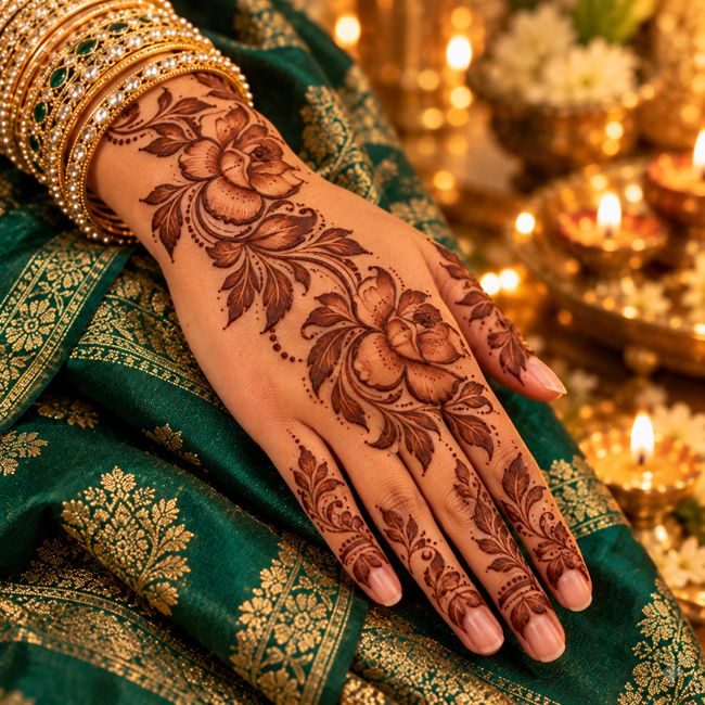 Bold Arabic mehndi with flowing florals