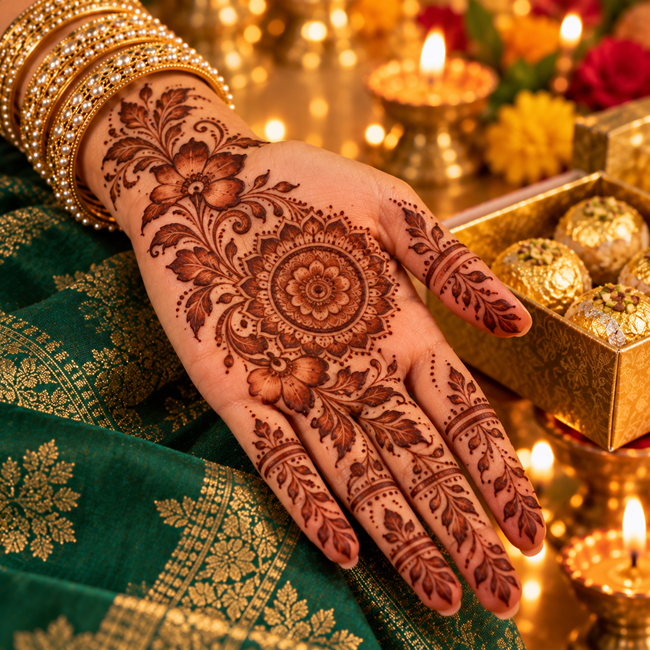 Indo-Arabic mehndi design mixing mandala and florals